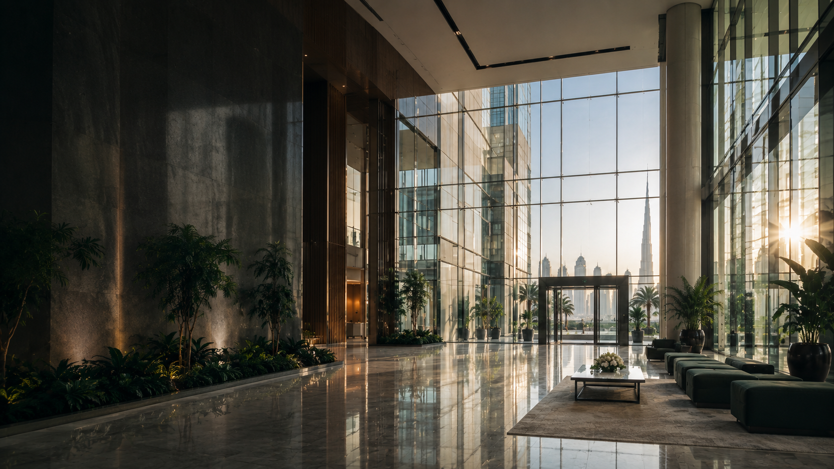 Premium building lobby in Dubai with skyline views — the environments MaxiCare serves